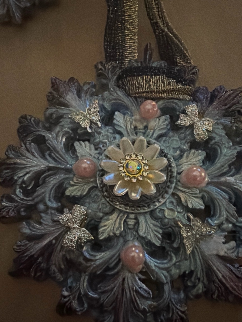 Decorative Blue Floral Holiday Ornament with Pink Accents